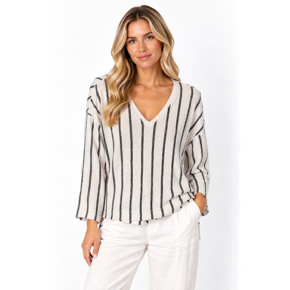 Anthropologie Striped V-Neck Top Women S Ivory Excellent Drop Shoulder Crinkle